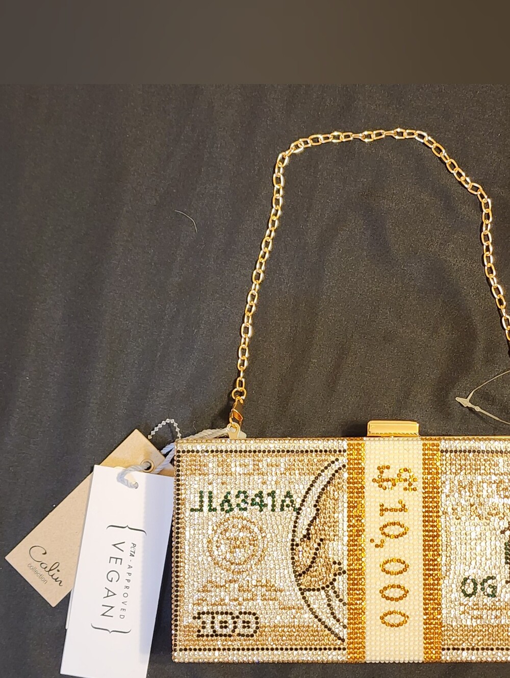 NEW Calin Collection Rhinestone $10,000 Money Clutch Crossbody Bag Vegan